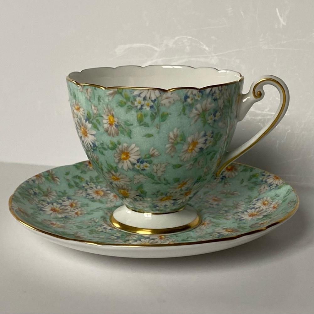 Shelly Marguerite Cup & Saucer Set Aqua Blue Daisies Floral Chinz England MINT
